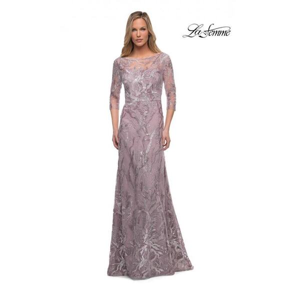 La Femme 29233 Embroidered A-line Gown Icy Mauve Sheer Sleeve Size 12 NWOT - Picture 2 of 12